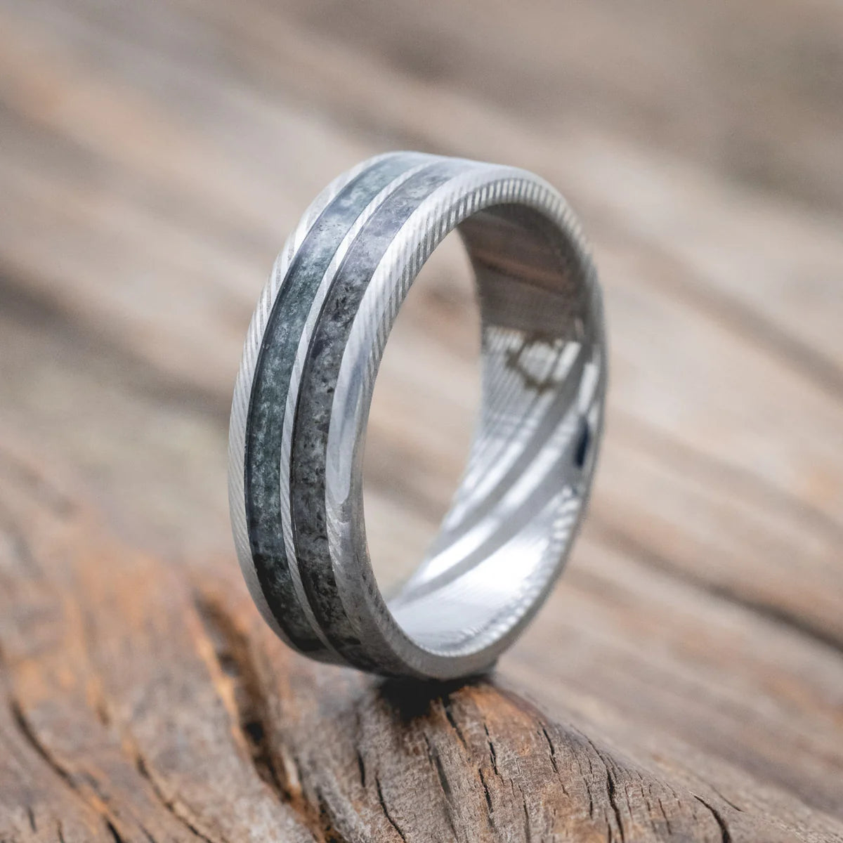 "DYAD" - MOSS AGATE & MOONSTONE WEDDING BAND - DAMASCUS STEEL (6MM)- SIZE 8 1/2-Staghead Designs