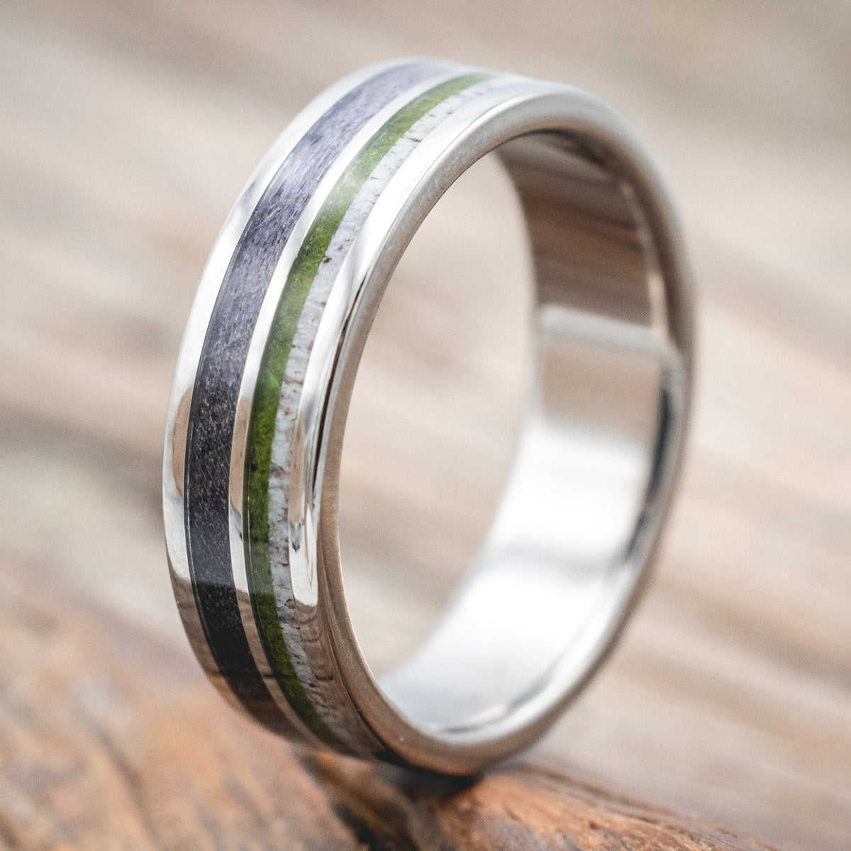 "DYAD" - MOSS, ANTLER & DARK MAPLE WOOD WEDDING BAND-Staghead Designs