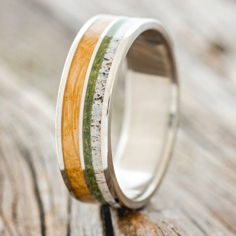 "DYAD" - MOSS, ANTLER & WHISKEY BARREL OAK WEDDING BAND-1