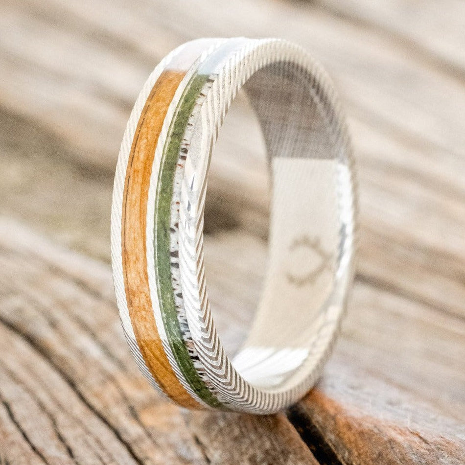 "Dyad" - Moss, Antler & Whiskey Barrel Oak Wedding Band-Staghead Designs