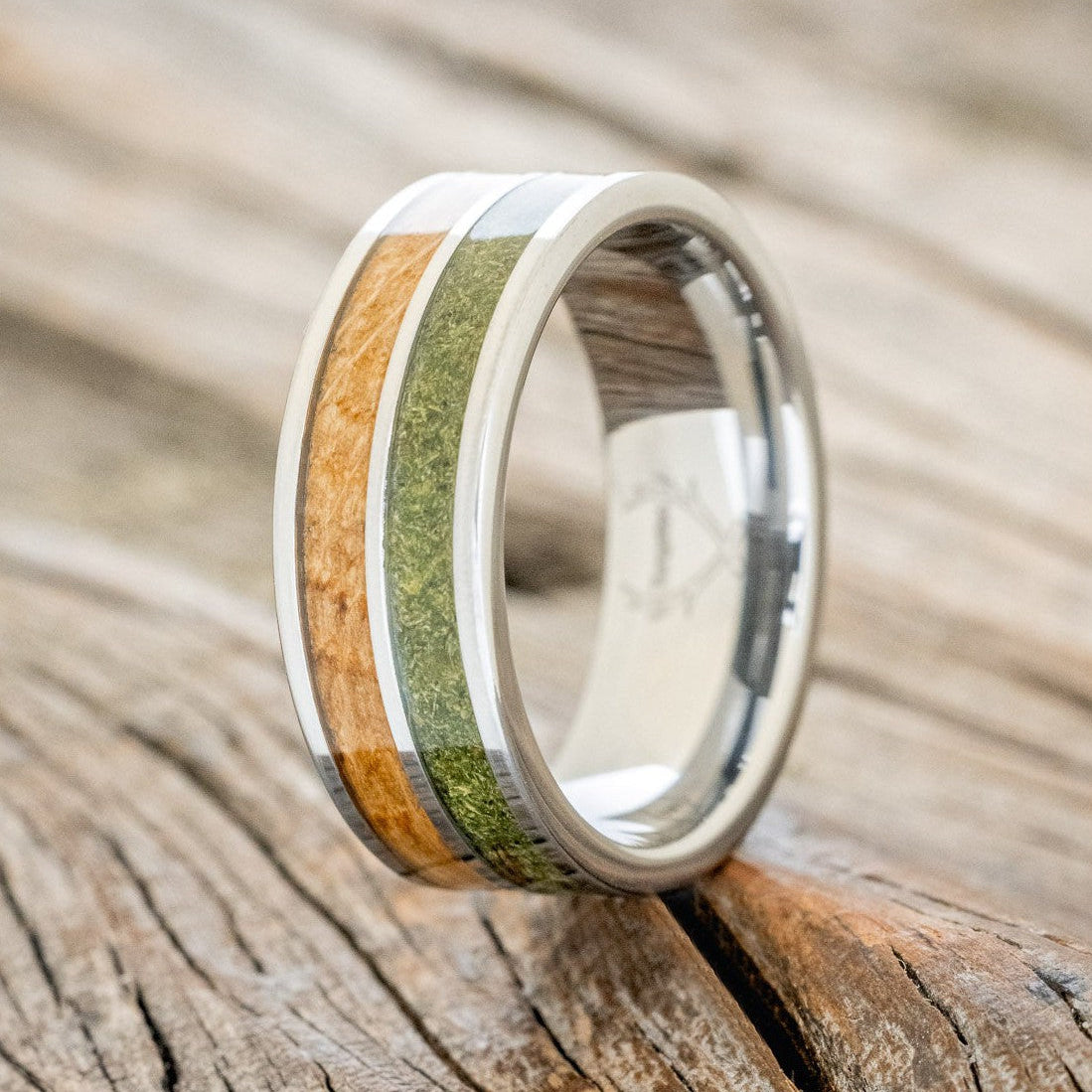 "DYAD" - MOSS & WHISKEY BARREL OAK WEDDING BAND-1