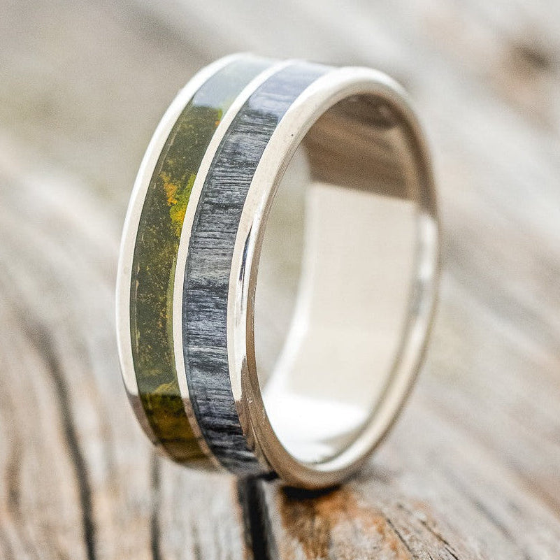 "DYAD" - MOSSY PATINA COPPER & GREY BIRCH WOOD WEDDING BAND-1