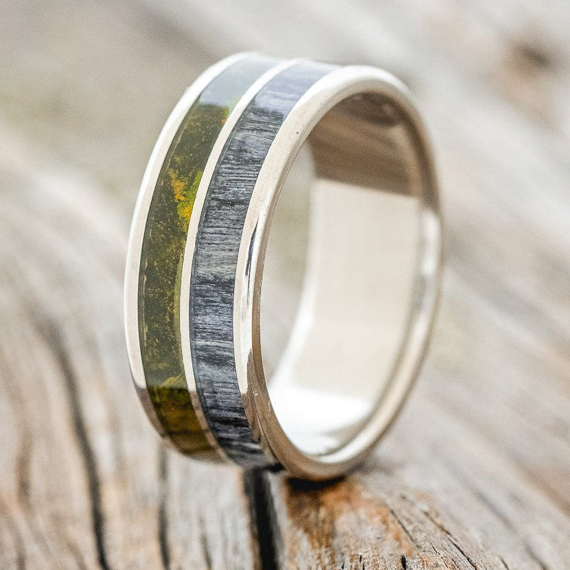 "DYAD" - MOSSY PATINA COPPER & GREY BIRCH WOOD WEDDING BAND-1