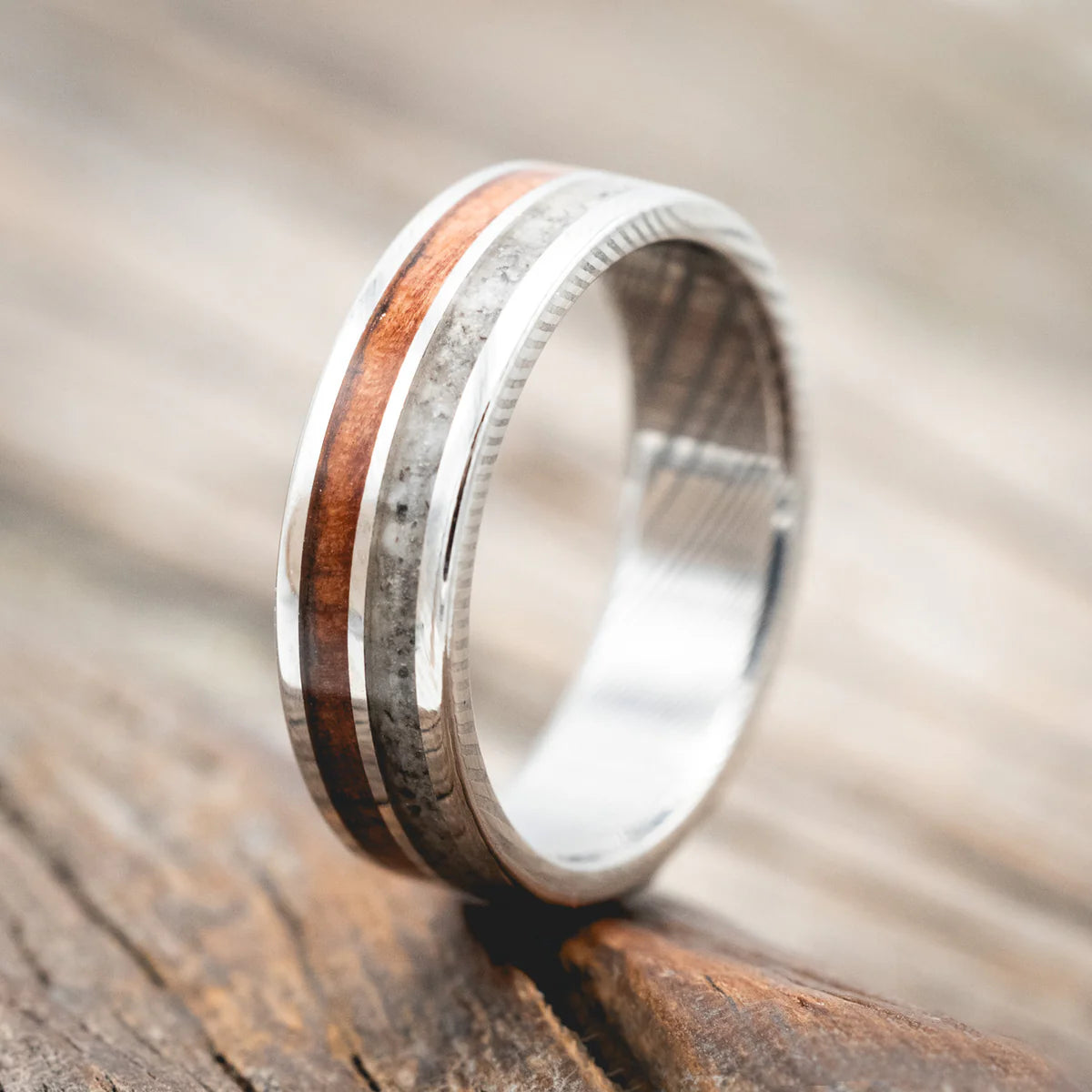"DYAD" - REDWOOD AND GRANITE WEDDING BAND - DAMASCUS STEEL (6MM) - SIZE 8 1/4-Staghead Designs