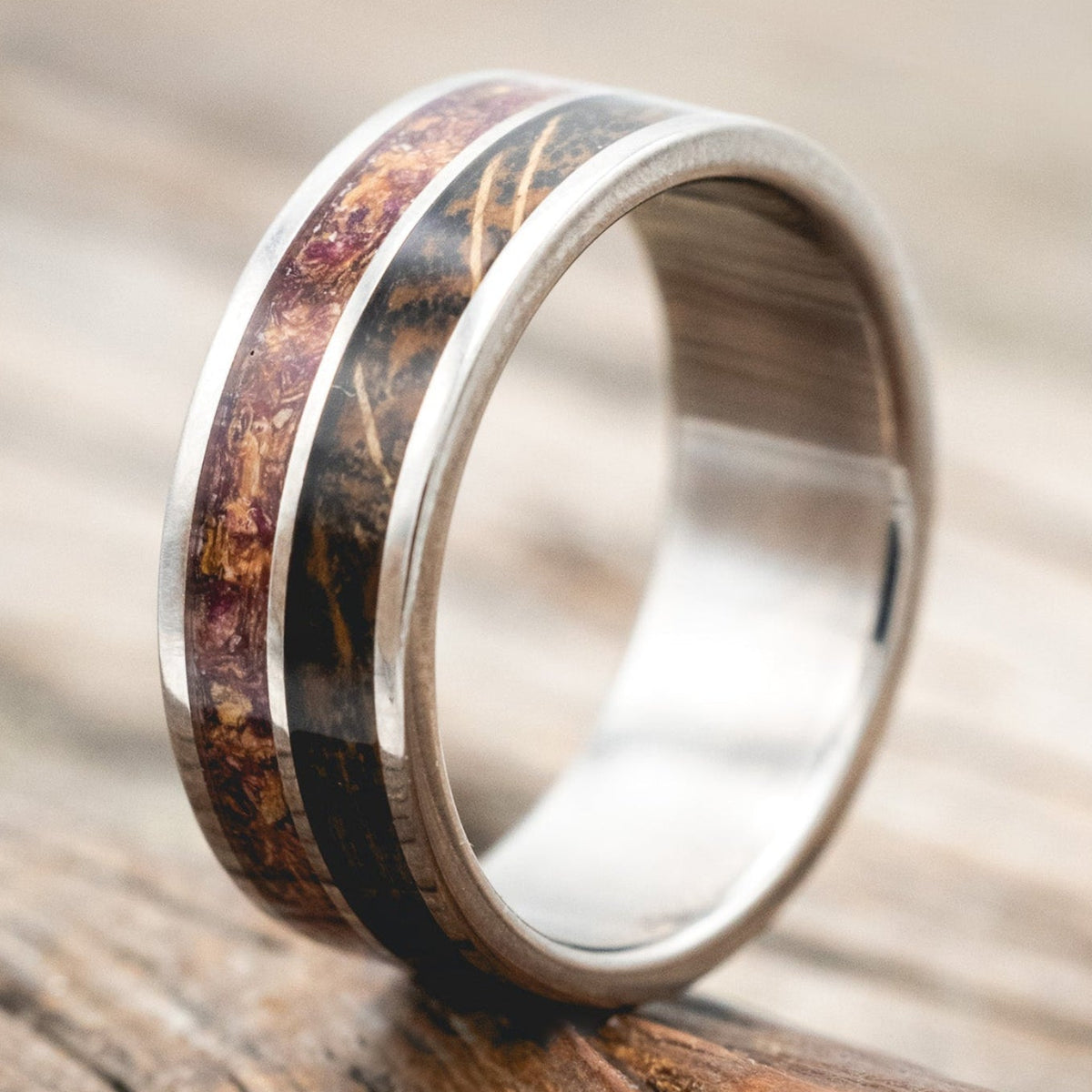 "DYAD" - TATTOO INK, ROSE PETALS & WHISKEY BARREL OAK WEDDING BAND-Staghead Designs