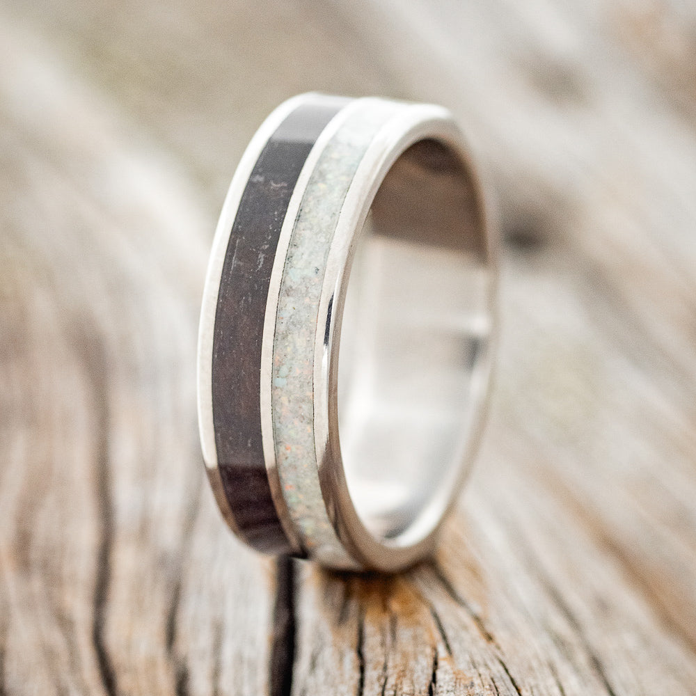 "DYAD" - FIRE AND ICE OPAL & JET STONE WEDDING BAND - READY TO SHIP-1