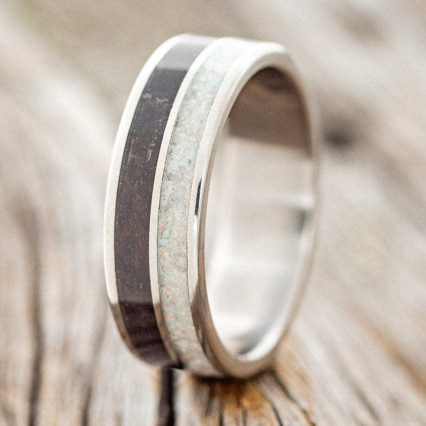 "DYAD" - FIRE AND ICE OPAL & JET STONE WEDDING BAND - READY TO SHIP-1