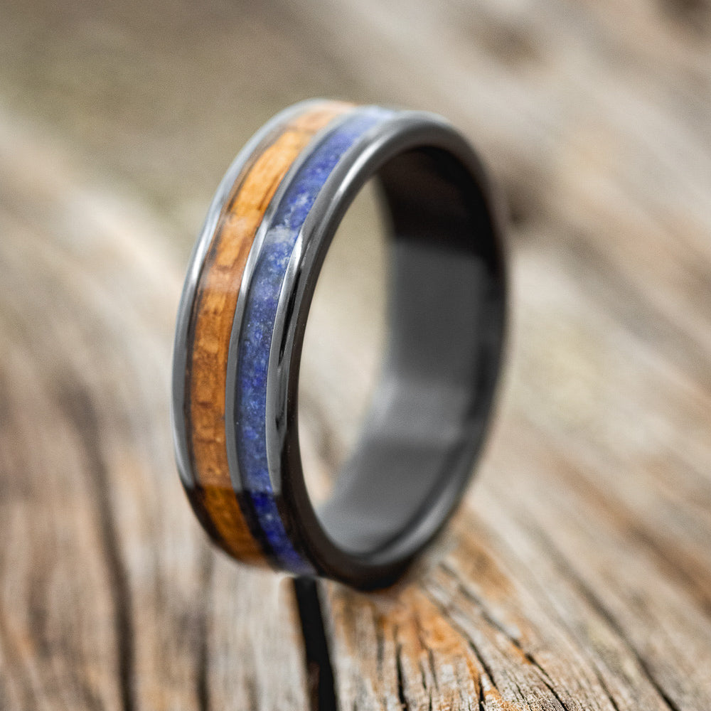 "DYAD" - WHISKEY BARREL & LAPIS LAZULI WEDDING BAND - READY TO SHIP-1