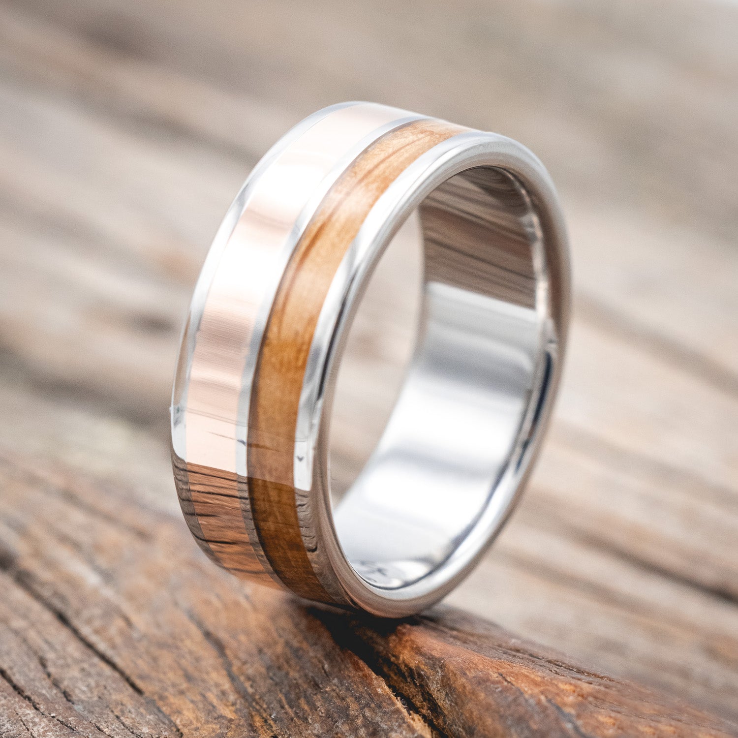 "DYAD" - WHISKEY BARREL OAK & 14K ROSE GOLD INLAY WEDDING BAND-Staghead Designs