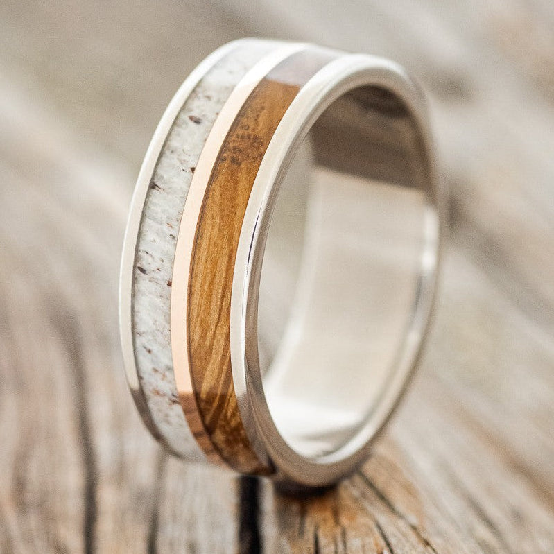 "DYAD" - WHISKEY BARREL OAK, ANTLER & 14K GOLD INLAY WEDDING BAND-1