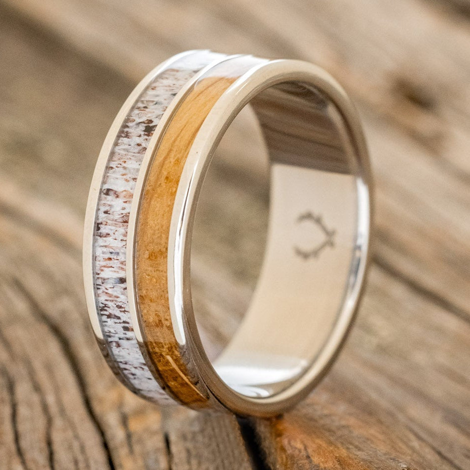 "DYAD" - WHISKEY BARREL OAK & ANTLER WEDDING BAND - READY TO SHIP-1