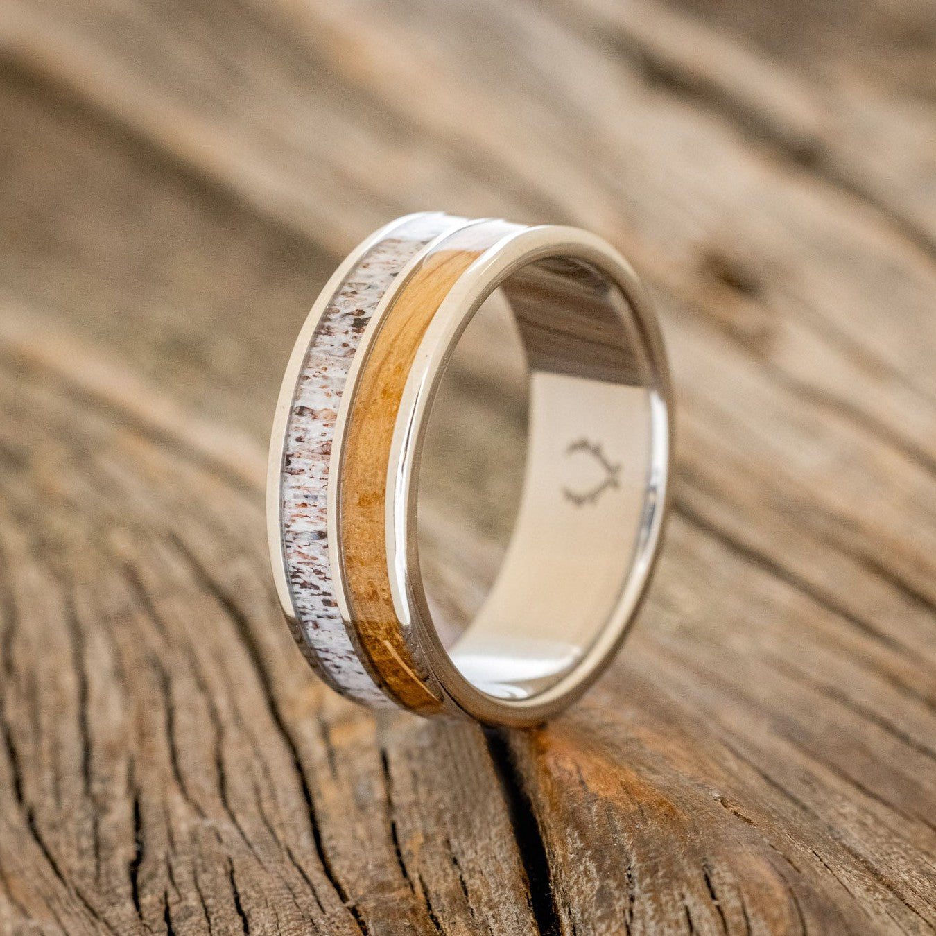 "DYAD" - WHISKEY BARREL OAK & ANTLER WEDDING BAND-1