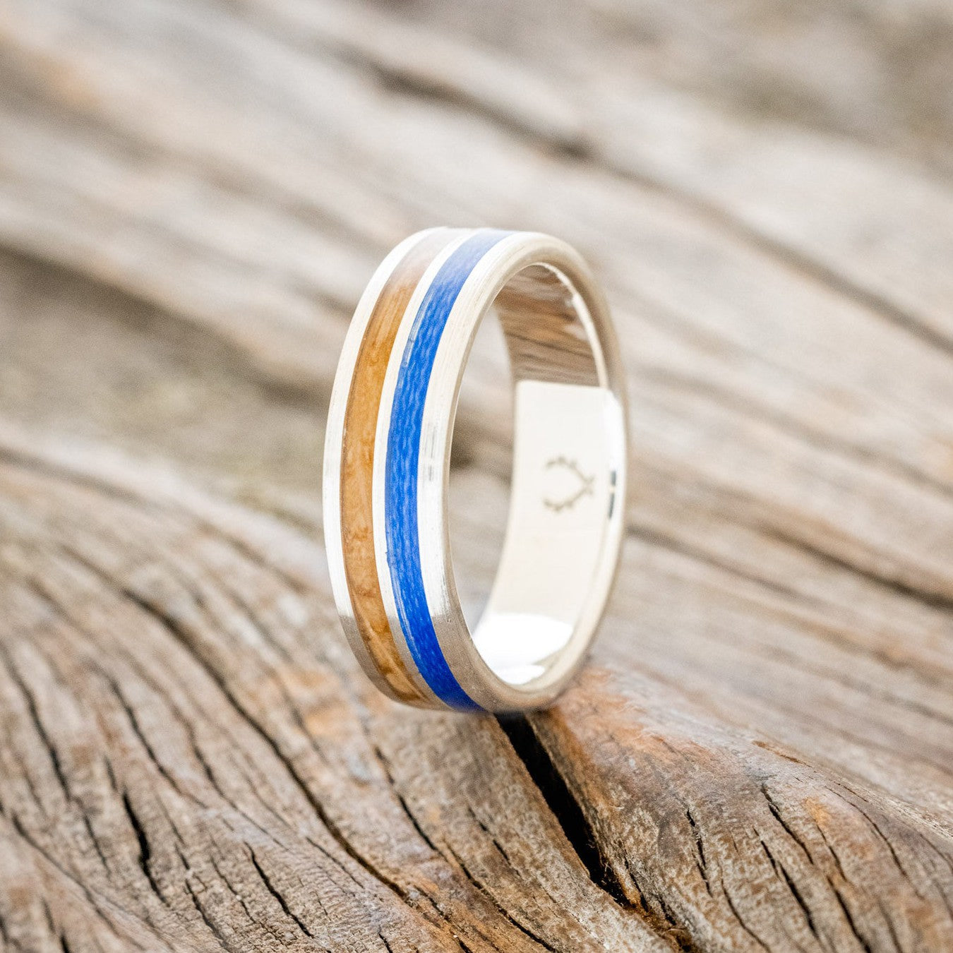 "DYAD" - WHISKEY BARREL OAK & BLUE FISHING LINE INLAY WEDDING BAND IN A BRUSHED FINISH-1
