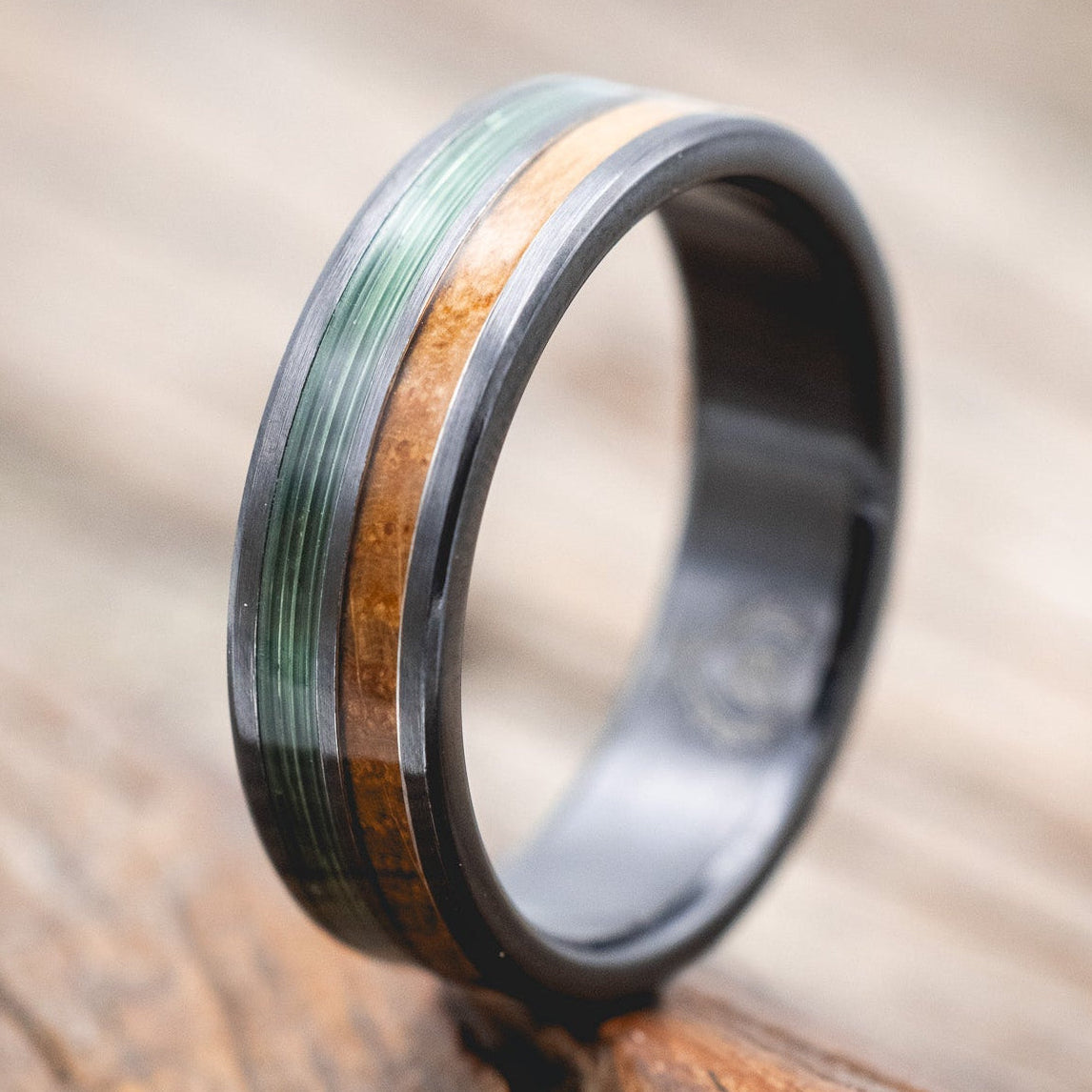"DYAD" - WHISKEY BARREL OAK & CLEAR GREEN FISHING LINE INLAY WEDDING BAND IN A BRUSHED FINISH-Staghead Designs