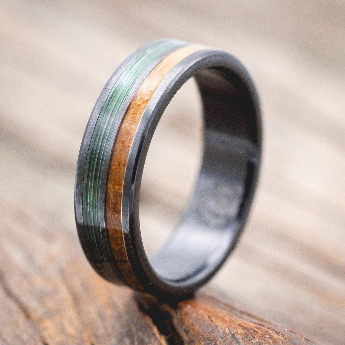"DYAD" - WHISKEY BARREL OAK & CLEAR GREEN FISHING LINE INLAY WEDDING BAND IN A BRUSHED FINISH-Staghead Designs