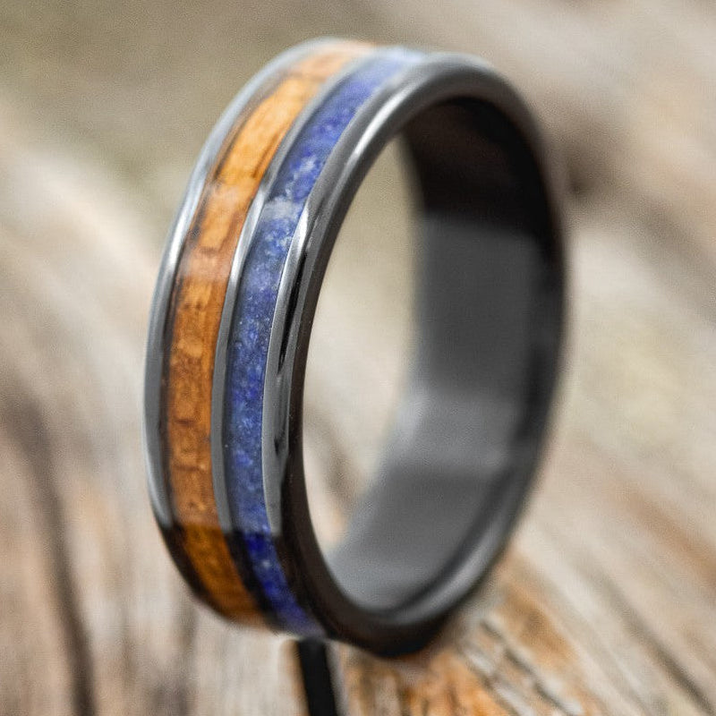 "DYAD" - WHISKEY BARREL OAK & LAPIS LAZULI WEDDING RING BAND-1