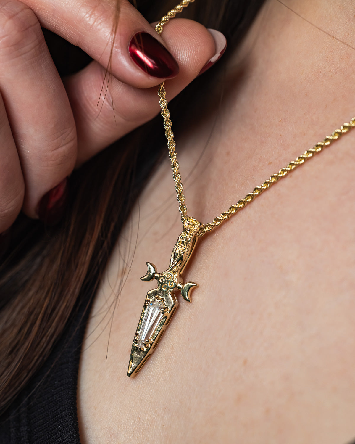 GODDESS DAGGER PENDANT IN 14K GOLD WITH AN ELONGATED KITE CUT MOISSANITE-Staghead Designs