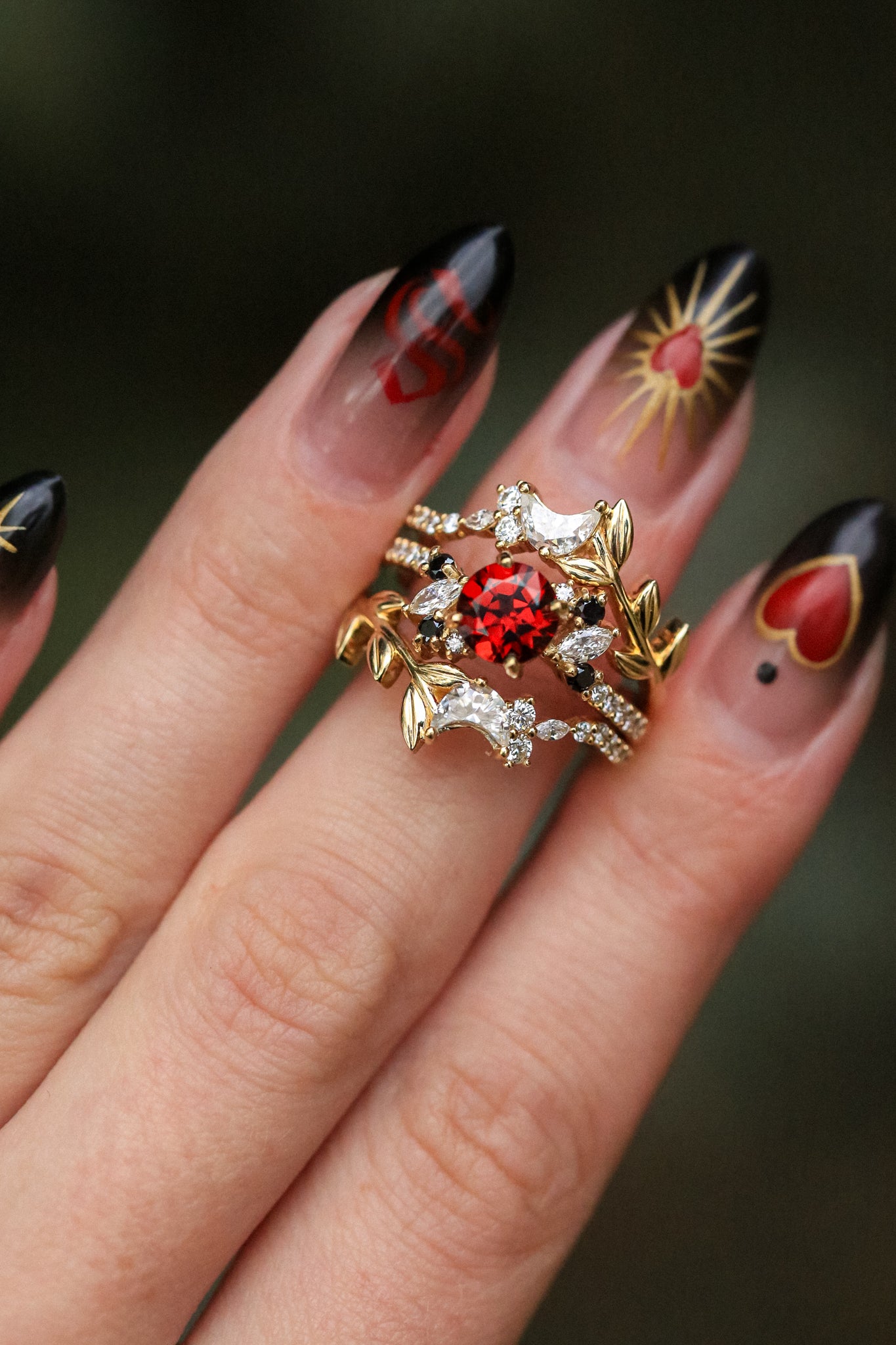 "DEMETER" - BRIDAL SUITE - ROUND GARNET ENGAGEMENT RING WITH BLACK & WHITE DIAMOND ACCENTS & TWO DIAMOND TRACERS WITH CRESCENT MOON ACCENTS-Staghead Designs