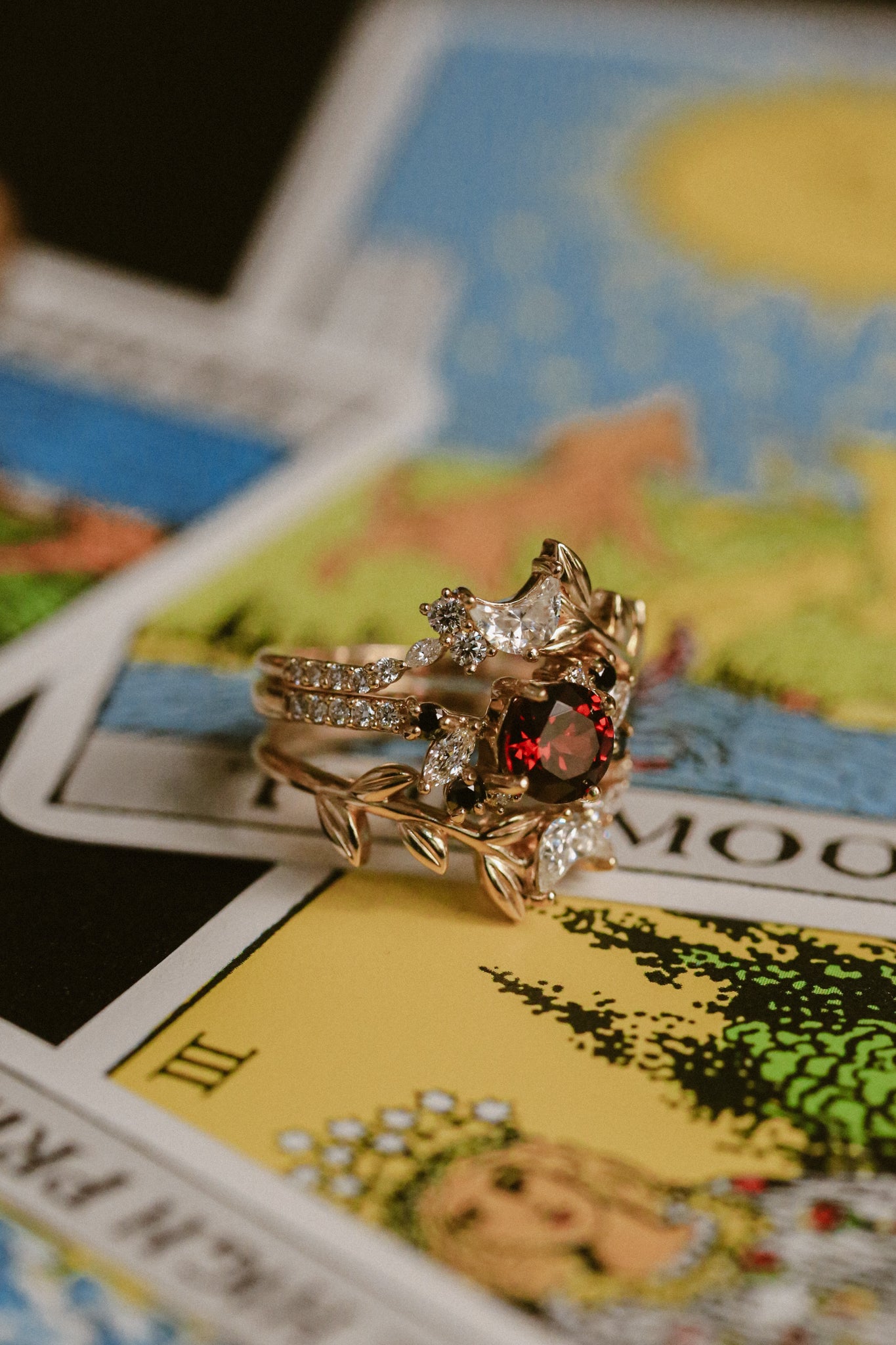 "DEMETER" - BRIDAL SUITE - ROUND GARNET ENGAGEMENT RING WITH BLACK & WHITE DIAMOND ACCENTS & TWO DIAMOND TRACERS WITH CRESCENT MOON ACCENTS-Staghead Designs