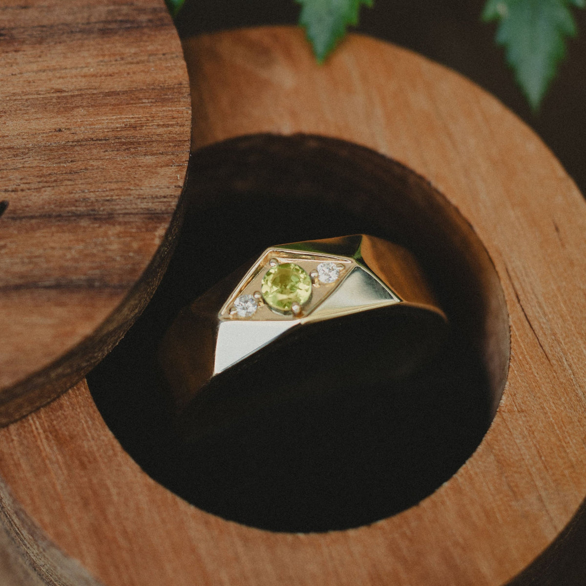 "Dorian" - Round Cut Peridot Men's Engagement Ring With Diamond Accents