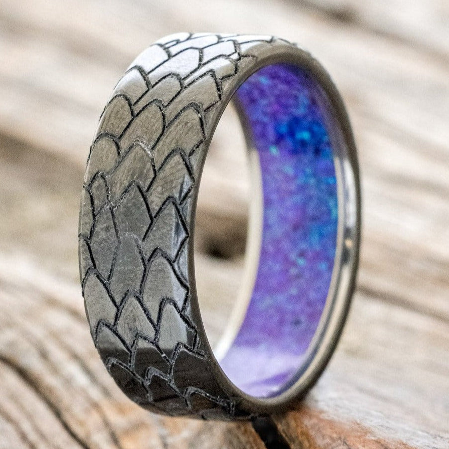 "Echo" - Dragon Scale Wedding Ring Featuring A Sleepy Lavender Opal Lined Band-Staghead Designs