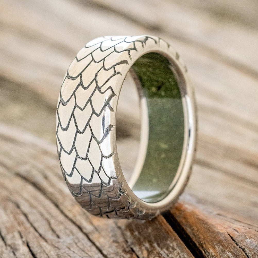 "Echo" - Dragon Scale Wedding Ring Featuring A Moss Lined Band-Staghead Designs