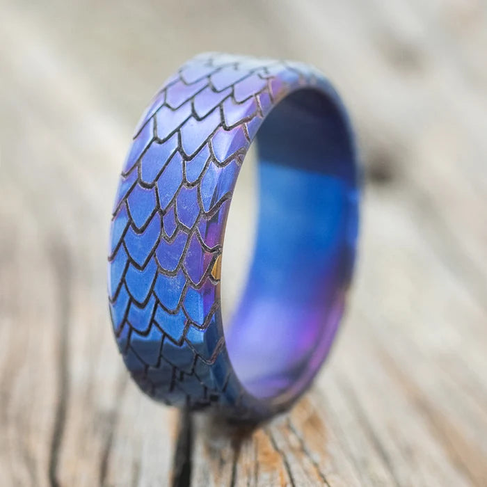 "Echo" - Fire-Treated Titanium Embossed Dragon Scale Wedding Band - Titanium (8mm) - Size 10 1/2