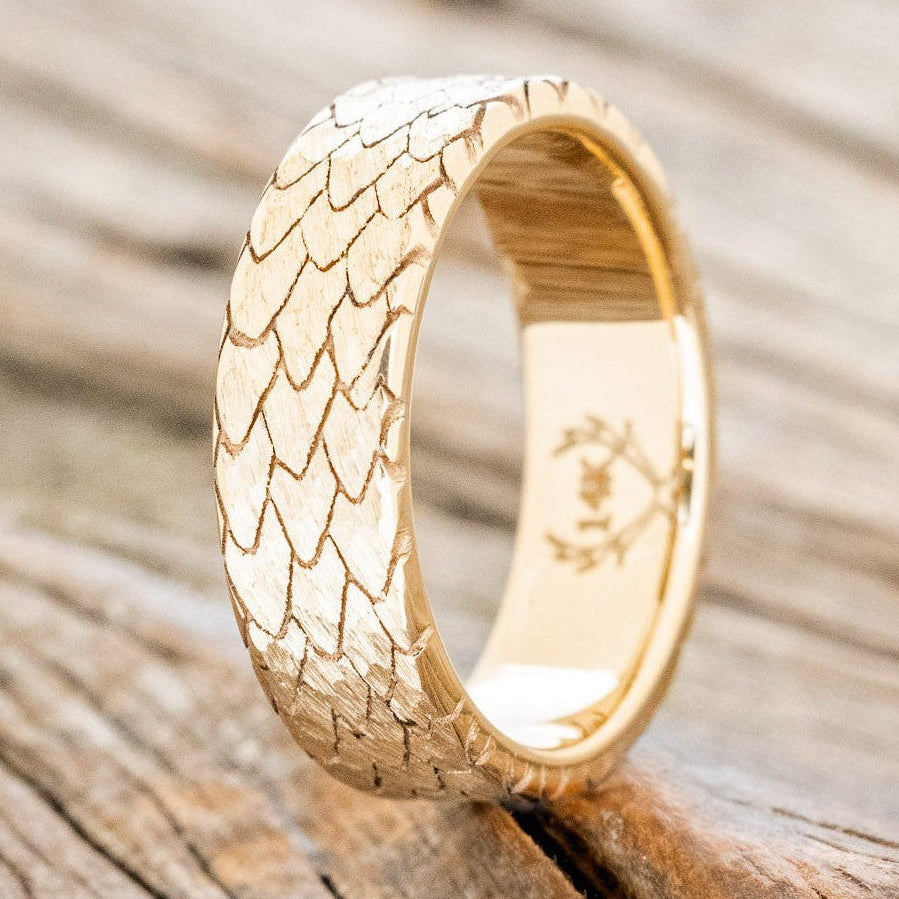 "Echo" - Hammered Custom Engraved Dragon Scale Wedding Ring-Staghead Designs