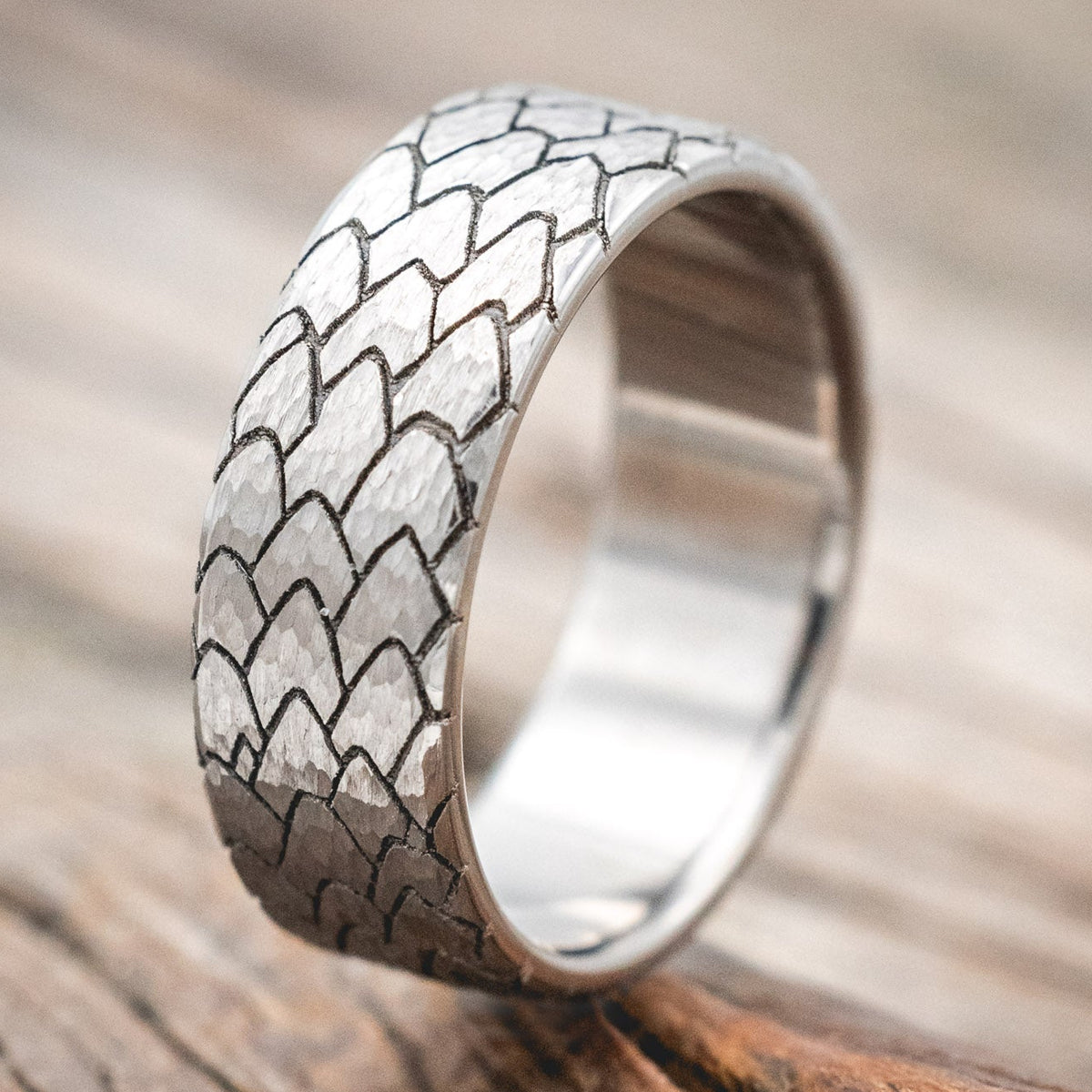 "ECHO" - HAMMERED CUSTOM EMBOSSED DRAGON SCALE WEDDING RING-Staghead Designs