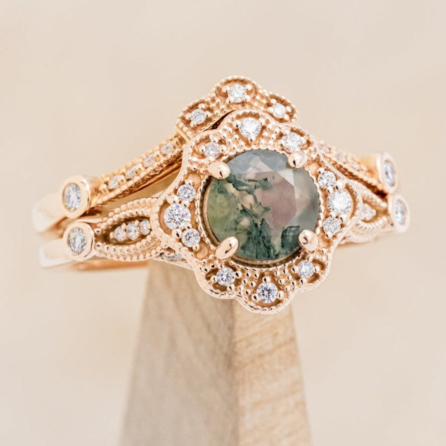 "EILEEN" - ROUND CUT MOSS AGATE ENGAGEMENT RING WITH DIAMOND ACCENTS & TRACER-1