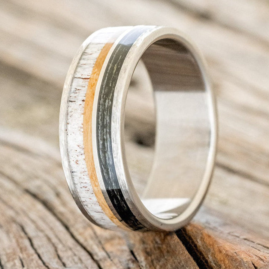 "ELEMENT" - FISHING LINE, ANTLER & WHISKEY BARREL WEDDING BAND IN A HAMMERED FINISH-1