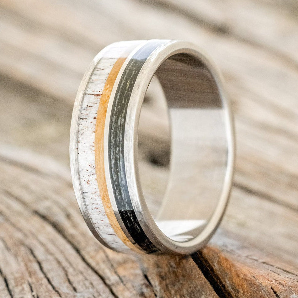 "ELEMENT" - FISHING LINE, ANTLER & WHISKEY BARREL WEDDING BAND IN A HAMMERED FINISH-1