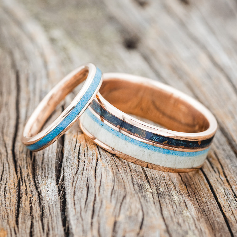 "ELEMENT" - MATCHING SET OF ANTLER, TURQUOISE & PATINA COPPER WEDDING BANDS-1