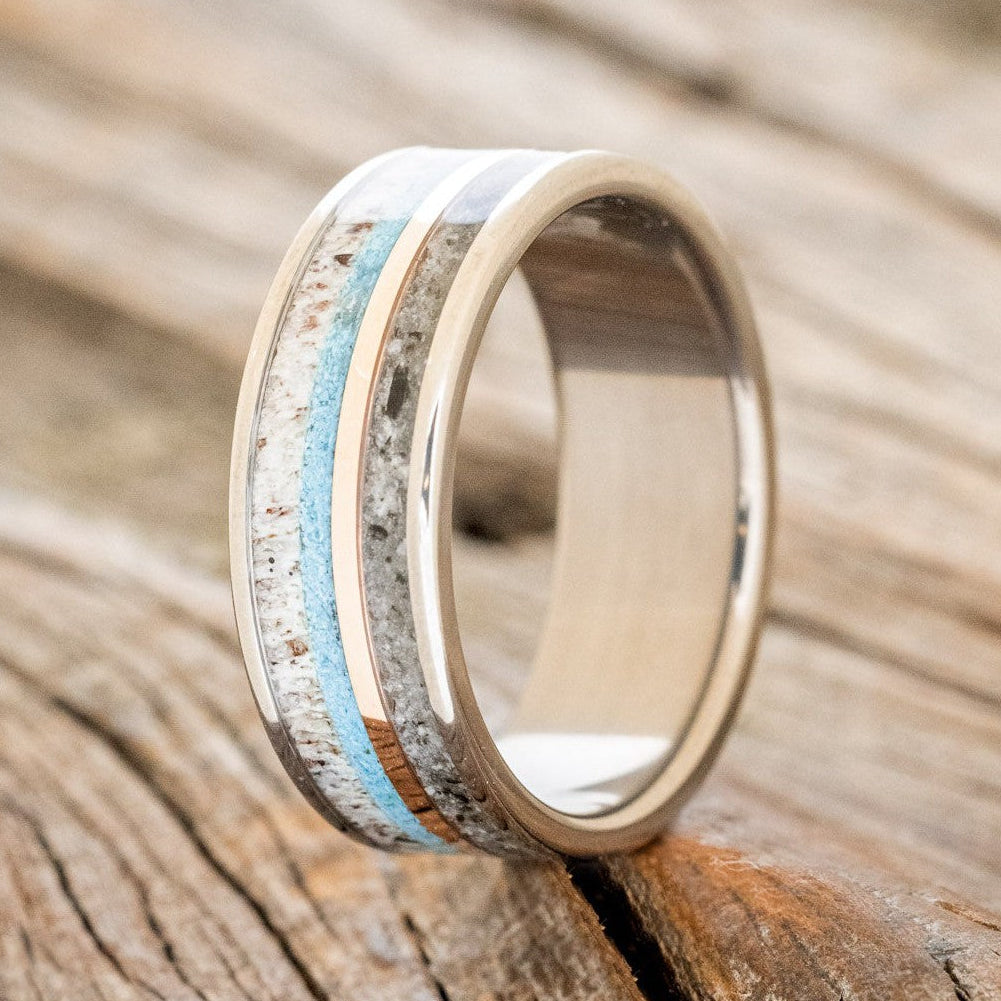 "ELEMENT" - MOONSTONE, TURQUOISE, ANTLER & 14K ROSE GOLD INLAY WEDDING BAND-1