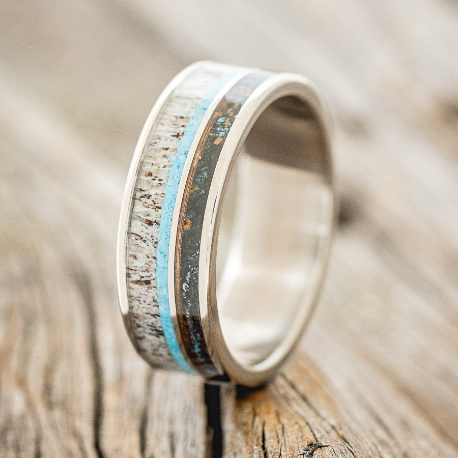 "ELEMENT" - PATINA COPPER, ANTLER & TURQUOISE WEDDING BAND-1