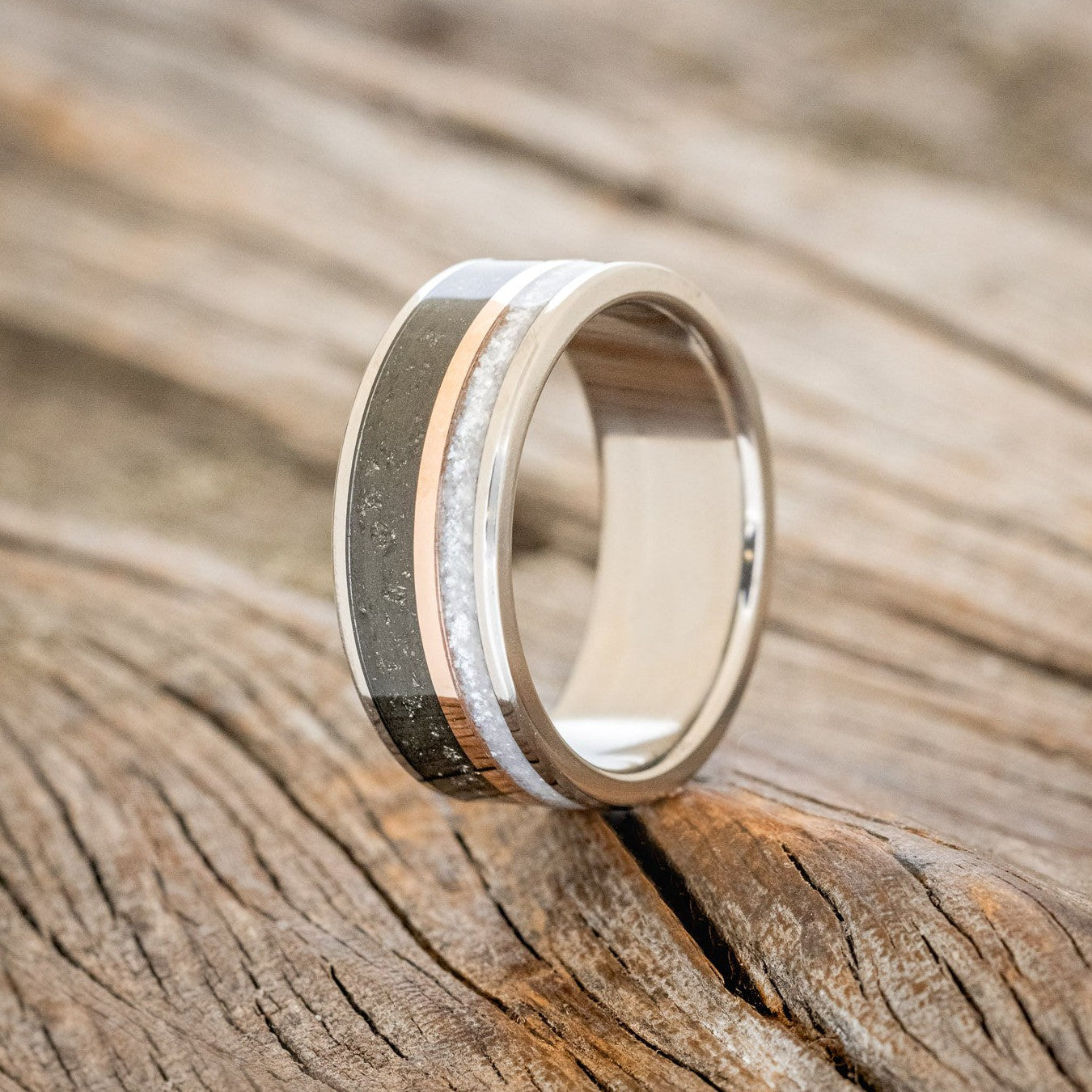 "ELEMENT" - PYRITE, DIAMOND DUST & 14K ROSE GOLD INLAY WEDDING BAND-1