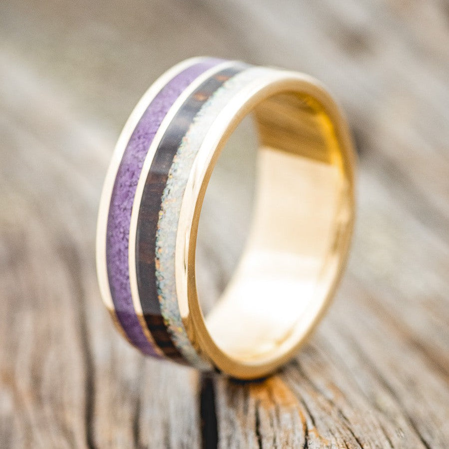 "ELEMENT" - SUGILITE, ZEBRA WOOD & FIRE AND ICE OPAL WEDDING RING FEATURING A 14K GOLD BAND-1