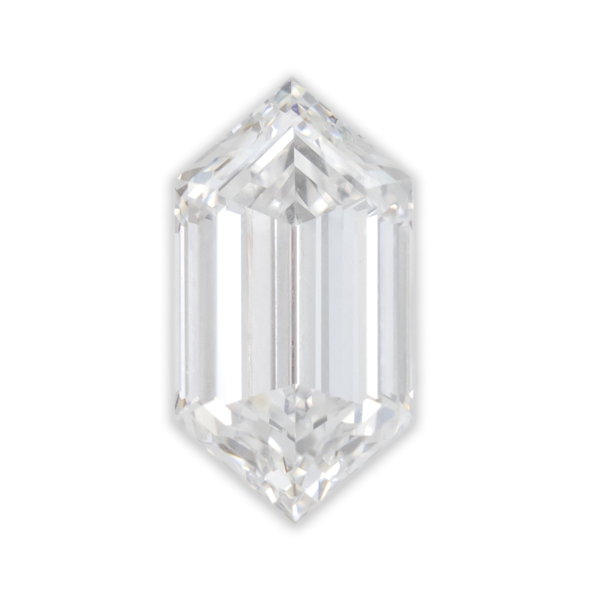 Elongated hexagon cut lab diamond on a white background