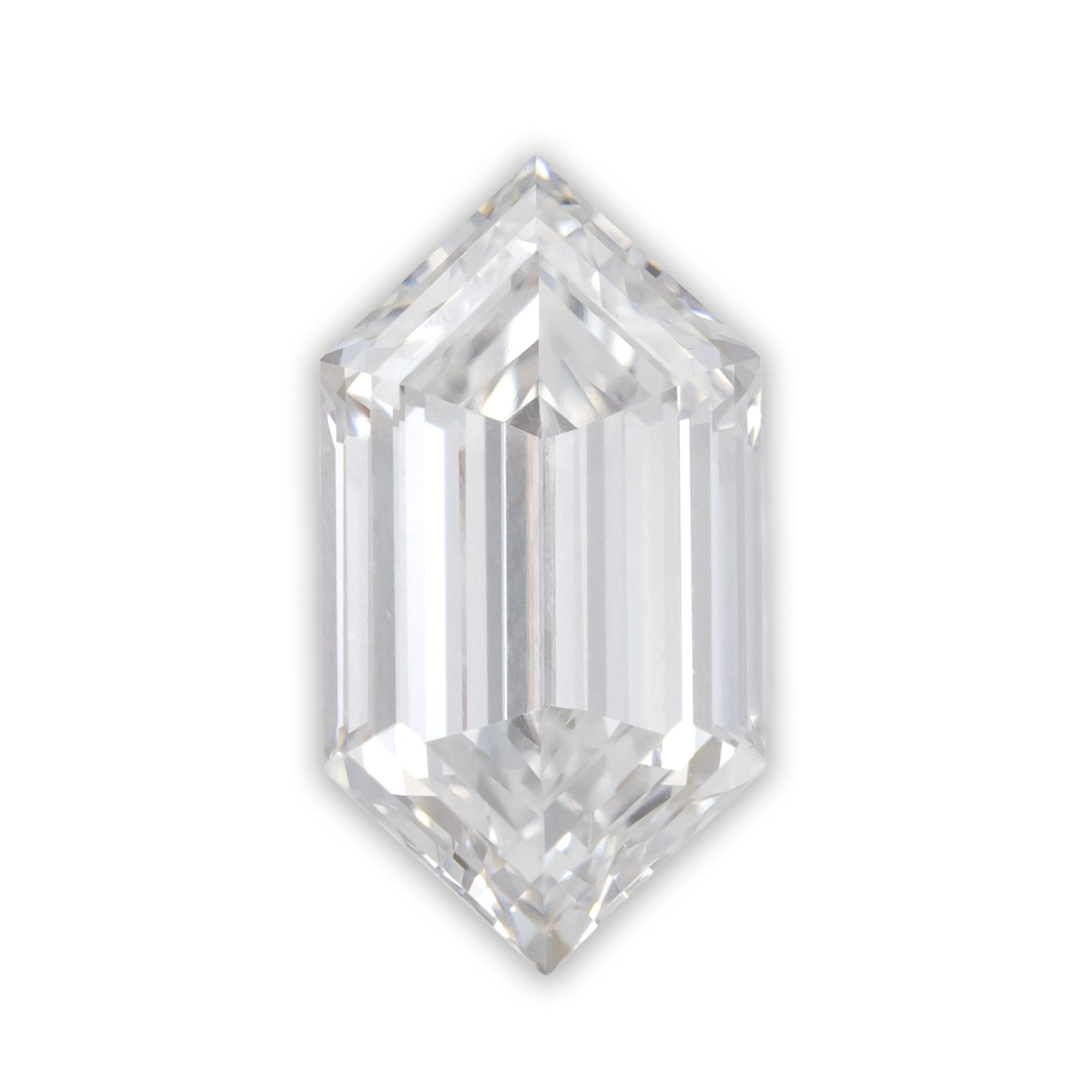 Elongated hexagon cut lab diamond on a white background