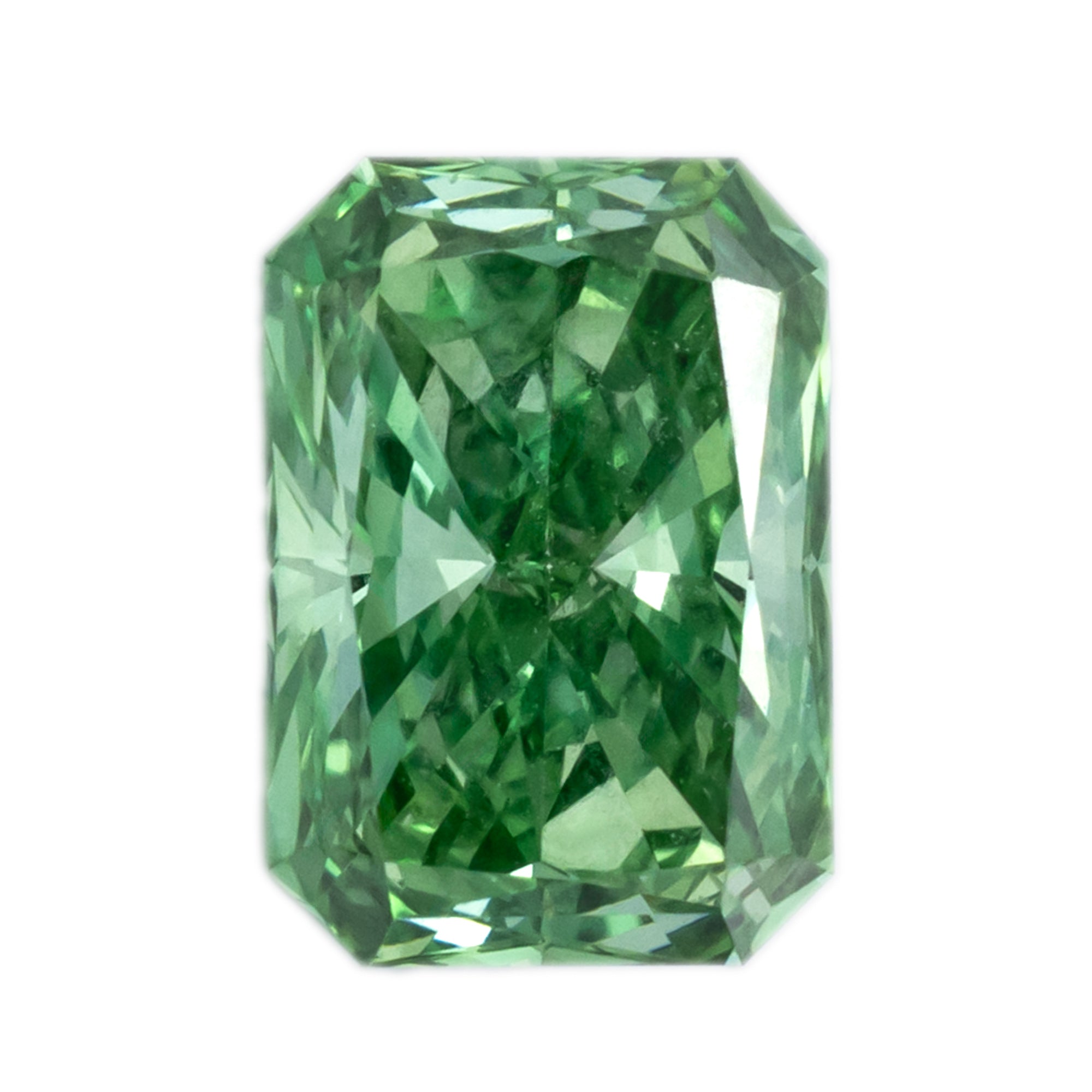 Emerald cut lab-grown green diamond on a white background.