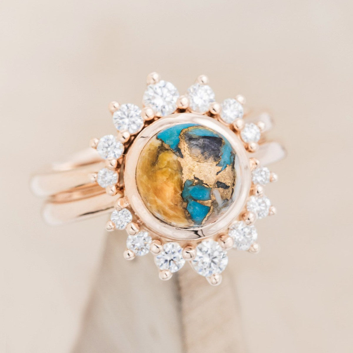 "ESMERALDA" - ROUND CUT SPINY OYSTER TURQUOISE WEDDING BAND WITH DIAMOND ACCENTS-1