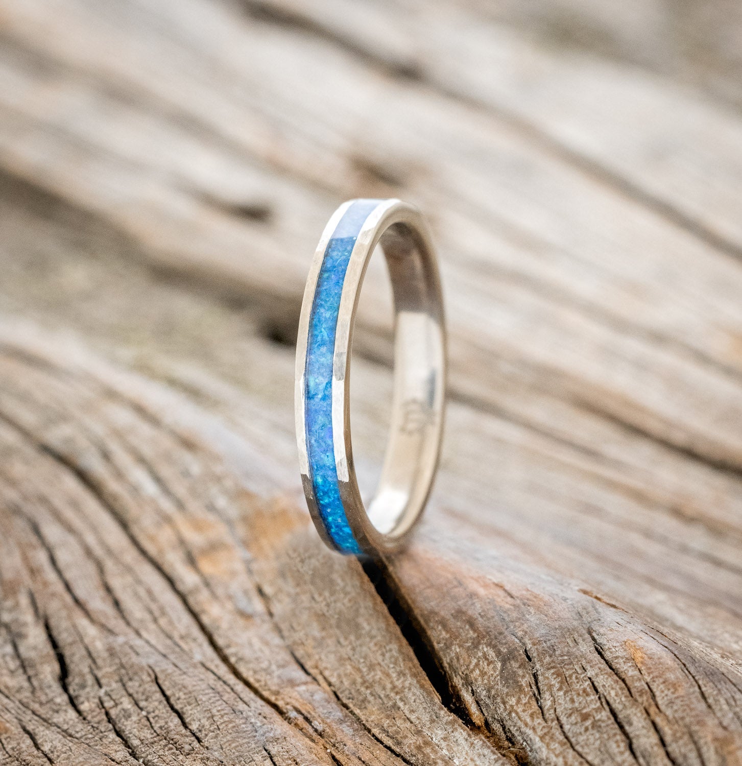 "ETERNA"- BLUE OPAL STACKING WEDDING BAND WITH A HAMMERED FINISH-1