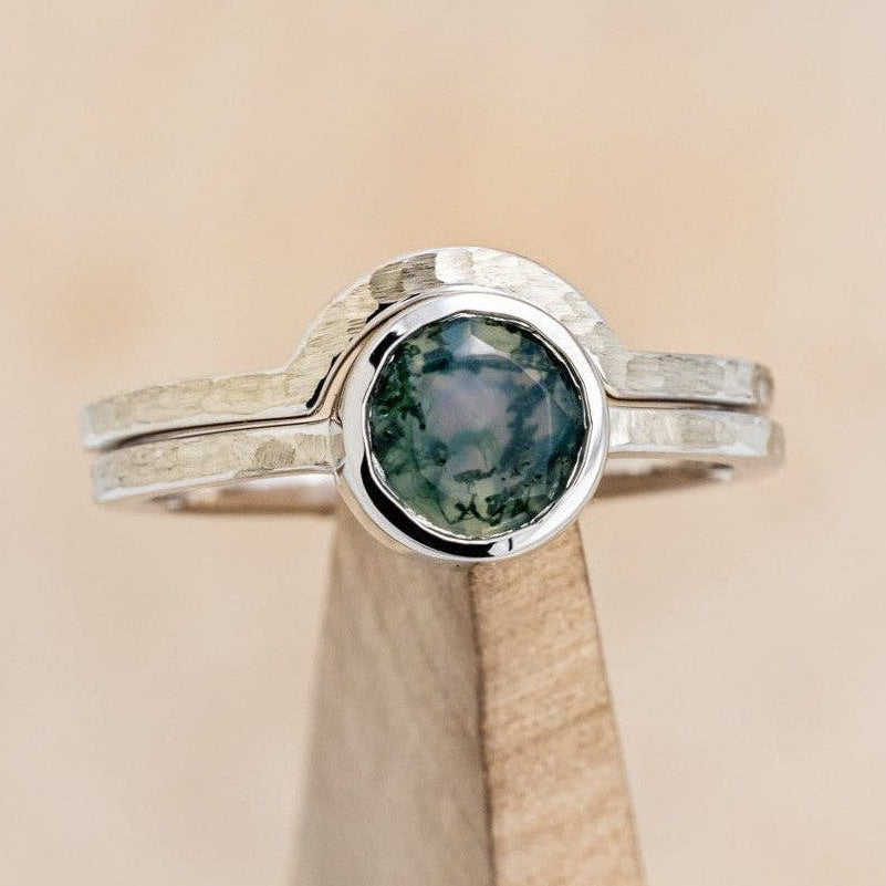 "EVELYN" - BEZEL SET MOSS AGATE SOLITAIRE ENGAGEMENT RING WITH TRACER IN A HAMMERED FINISH-1