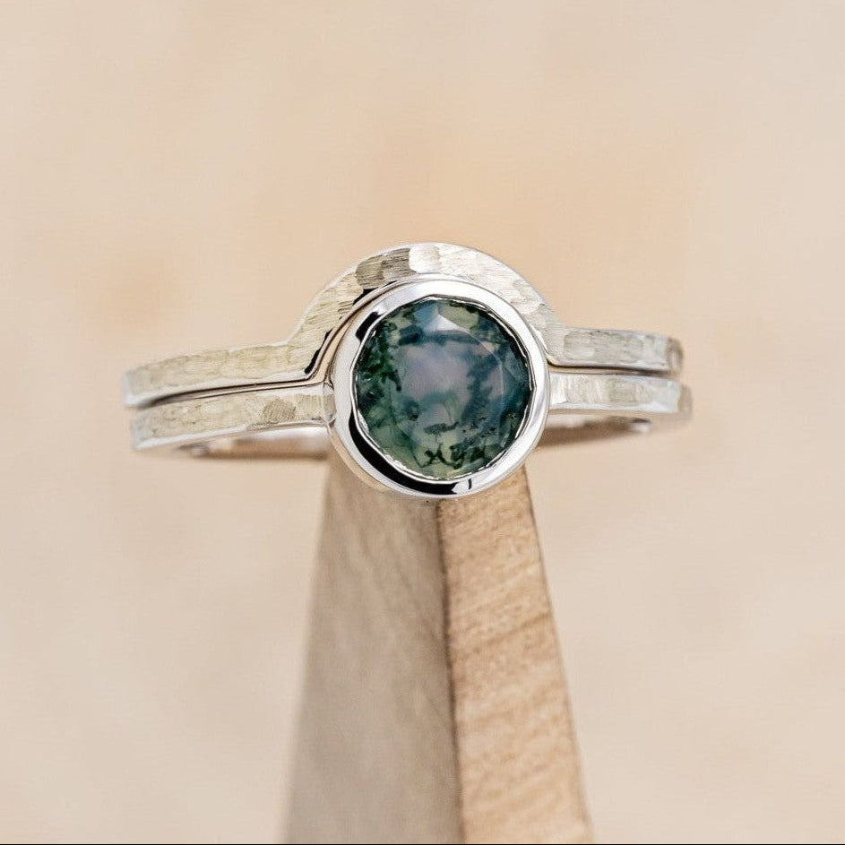 "EVELYN" - BEZEL SET MOSS AGATE SOLITAIRE ENGAGEMENT RING WITH TRACER IN A HAMMERED FINISH-1