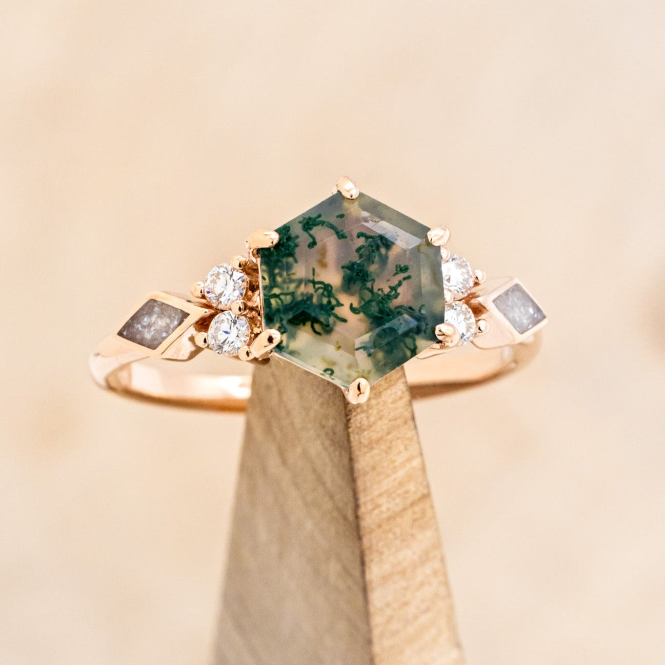 "EVERETT" - HEXAGON MOSS AGATE ENGAGEMENT RING WITH SIDE DIAMOND & DIAMOND DUST INLAYS-1