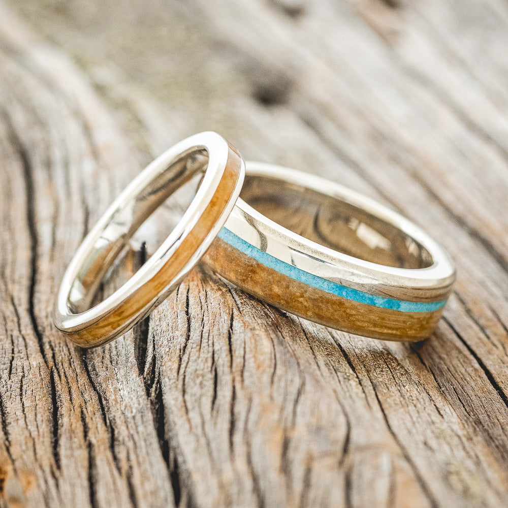 "EZRA" - MATCHING SET OF WHISKEY BARREL OAK & TURQUOISE WEDDING RING FEATURING 14K GOLD BANDS-1