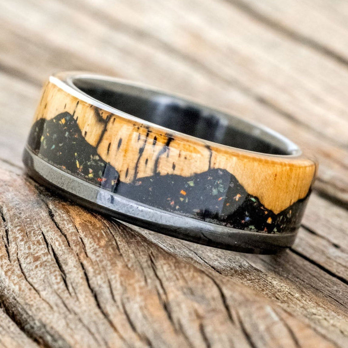 "EZRA" - SPALTED MAPLE WITH JET STONE & OPAL MIX WEDDING BAND-1