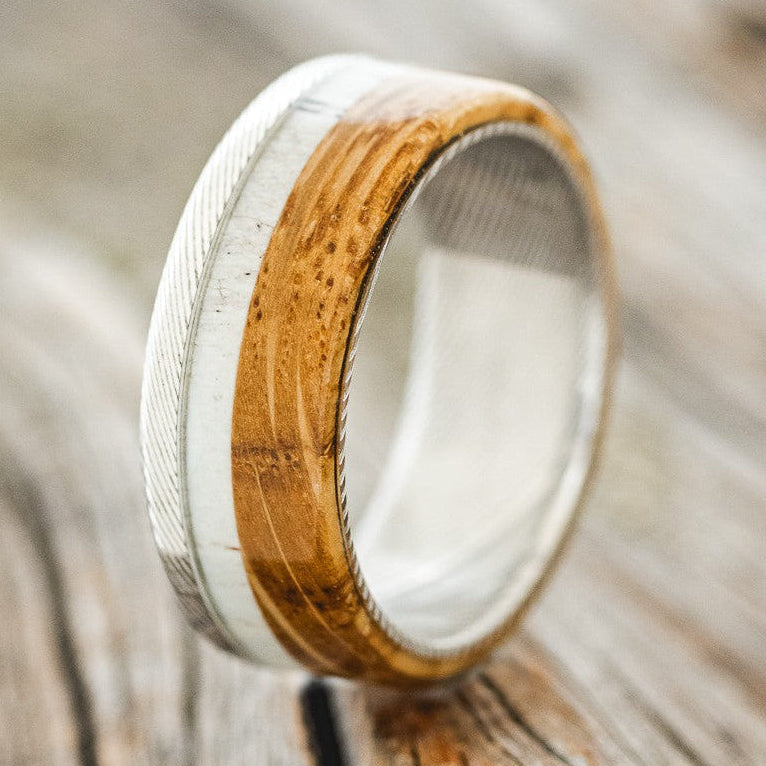 "EZRA" - WHISKEY BARREL OAK & ANTLER WEDDING BAND-1