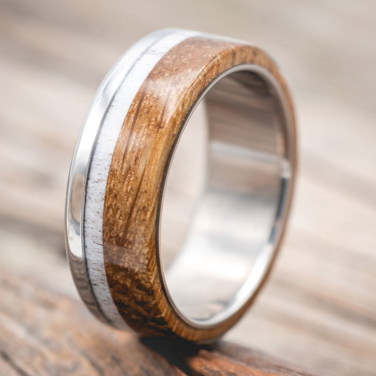 "EZRA" - WHISKEY BARREL OAK & ANTLER WEDDING BAND-Staghead Designs