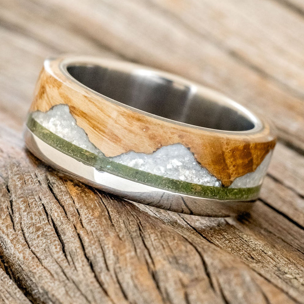 "EZRA" - WHISKEY BARREL OAK WITH DIAMOND DUST & MOSS INLAY WEDDING RING-1